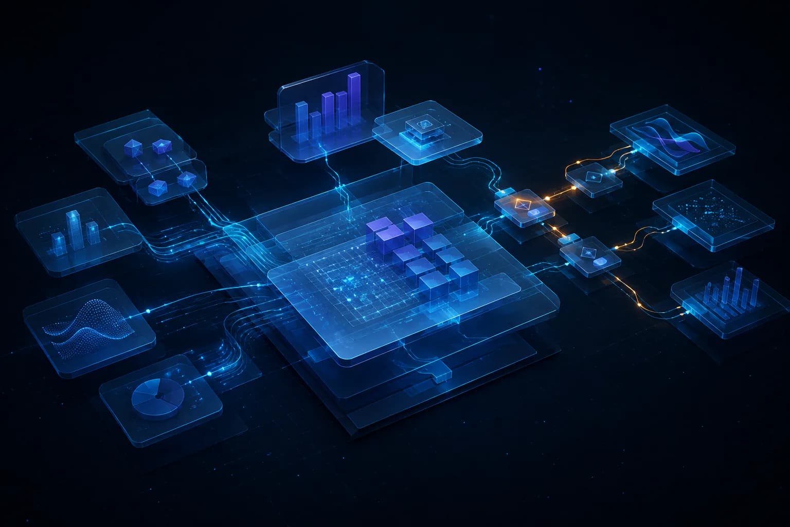 Abstract connected AI workbench with practical workflow modules